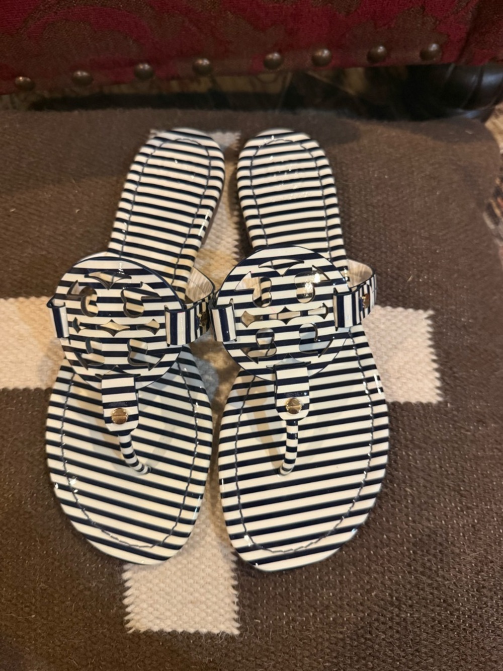 Tory Burch Navy & White Striped Miller Sandals with Logo Medallion - Picture 2 of 5